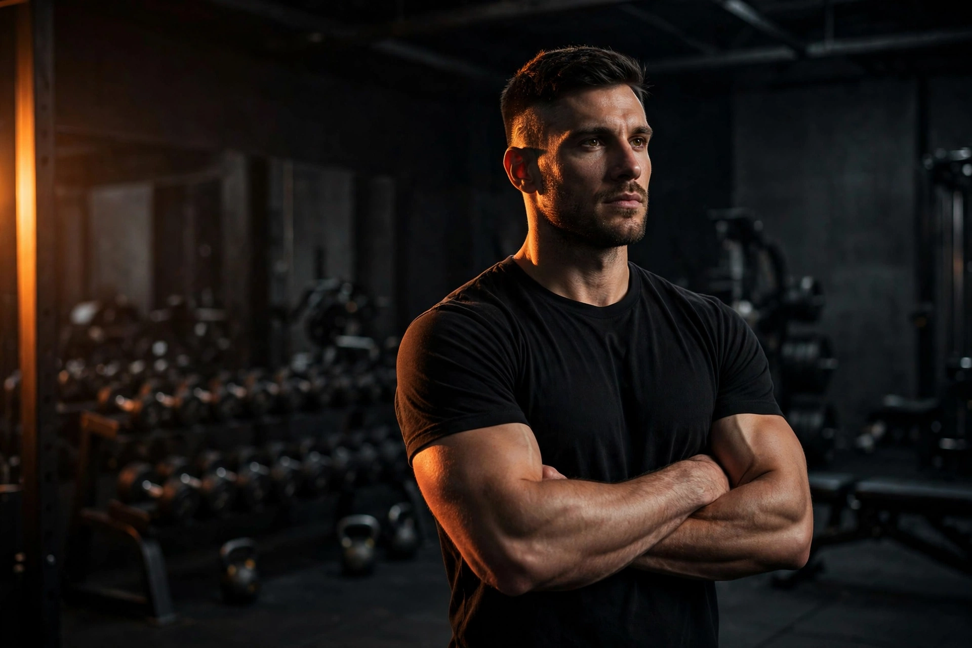 Personal trainer de braços cruzados em academia escura com luz laranja